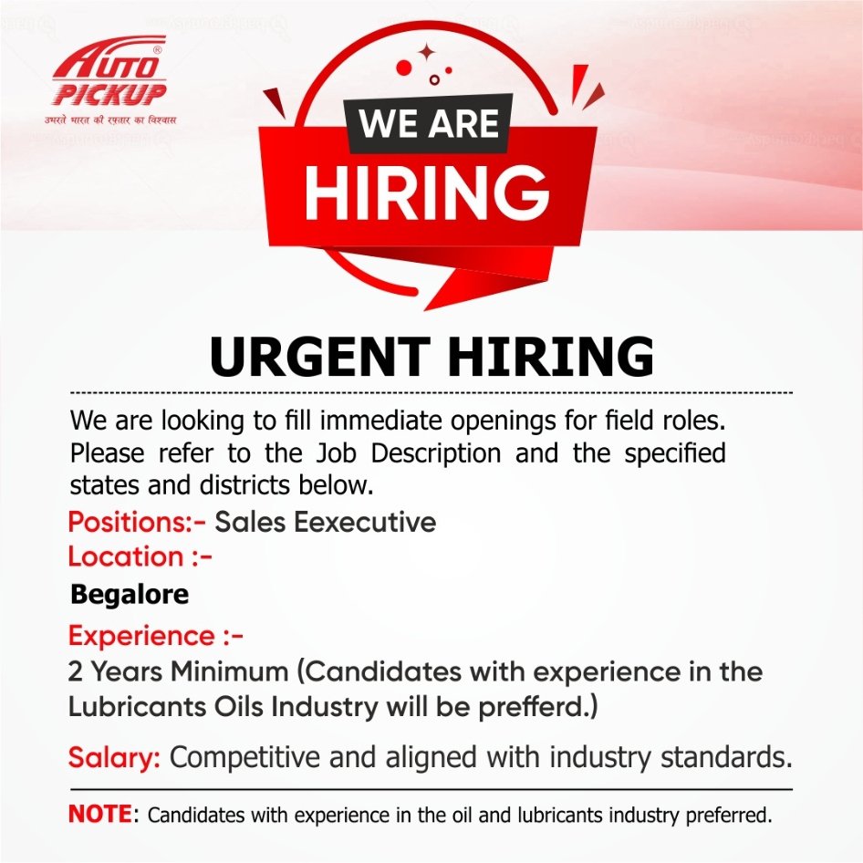 Auto Pickup Job Hiring for Sales Executive in Bangalore Auto Pickup Job Hiring for Sales Executive in Bangalore