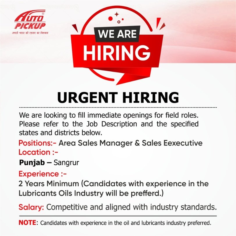 Auto Pickup Sales Executive Job Vacancy in punjab Sales Executive Job Vacancy in Punjab